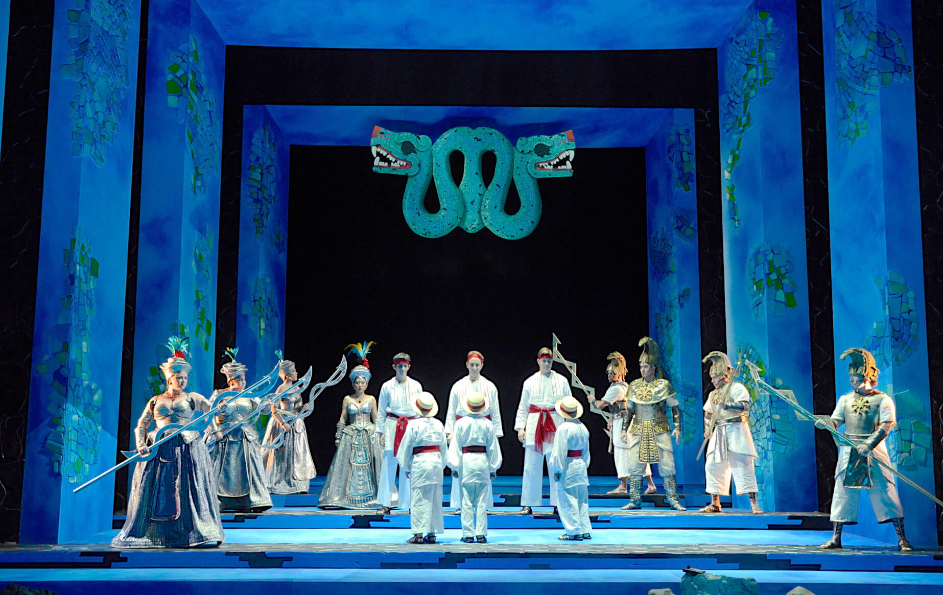 The Magic Flute October 2013 Company Shot, set by John Conklin, costumes by Nancy Leary, lighting by Mark Stanley, photo credit Eric Antoniou