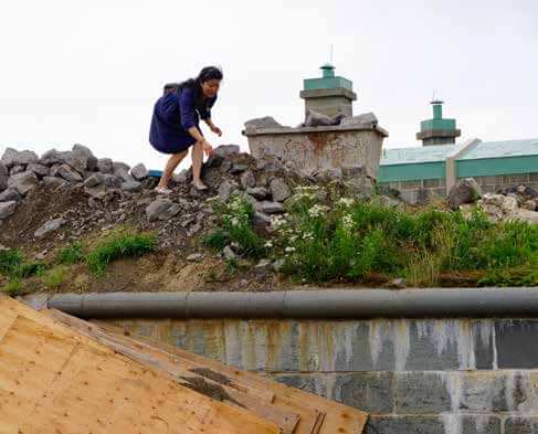 Wen-hao Tien earlier this summer in search of materials for her “Weed Out” exhibition at the New Art Center in Newtonville.