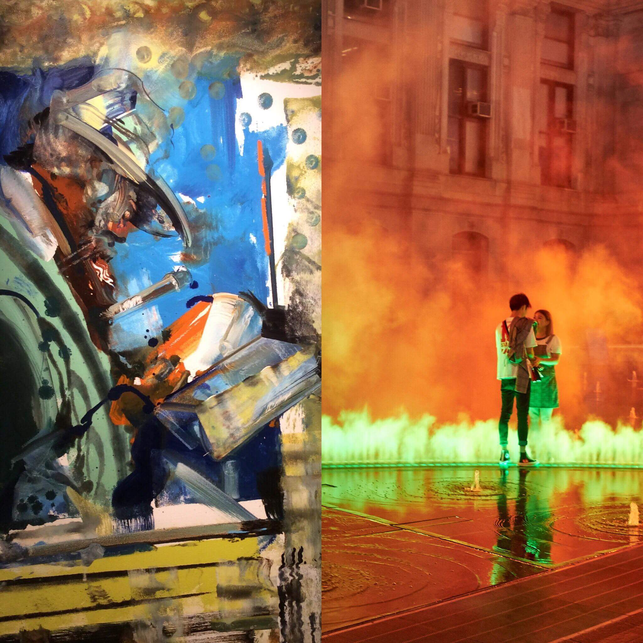 LEFT: David Brewster, Freemason, at Gross McLeaf Gallery; RIGHT: Janet Echelman, “Pulse” installation in Center City District; photography by Melvin Epps.