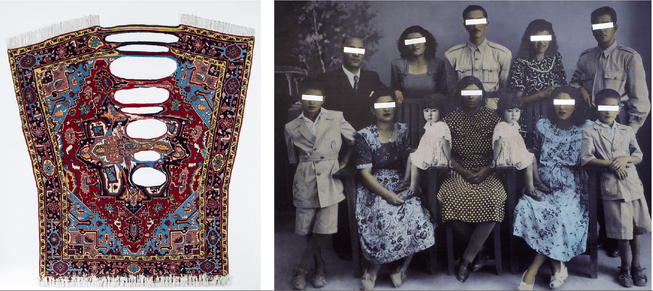 LEFT: Faig Ahmed, Epiphany, from the “Liquid” series, 2016, handmade woolen carpet, 74” x 79”. Courtesy of the artist and Sapar Contemporary, New York. Image courtesy of Ahmed Faig Studio. RIGHT: Samira Alikhanzadeh, No. 10, from the “Double” series, 2010, digital print, mirror fragments and acrylic on board, 35” x 50”. Lent by Azita Bina Seibel.