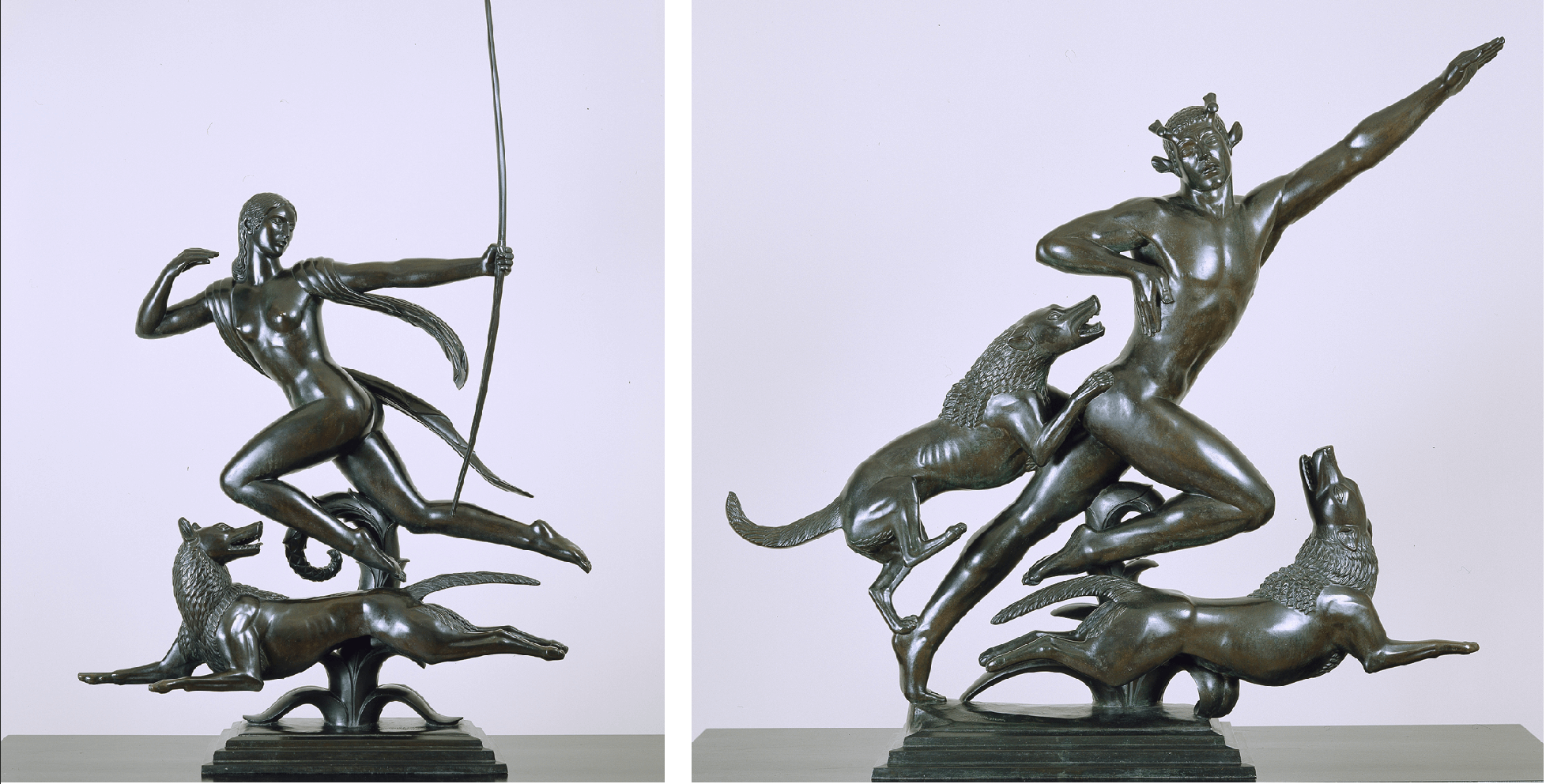 LEFT: Paul Manship, Diana, casting 1925, bronze on marble base, 62” x 42”. Gift of anonymous donor. Addison Gallery of American Art, Phillips Academy, Andover, Massachusetts. RIGHT: Paul Manship, Actaeon, casting 1925, bronze on marble base, 49 1/2” x 52”. Gift of anonymous donor. Addison Gallery of American Art, Phillips Academy, Andover, Massachusetts.